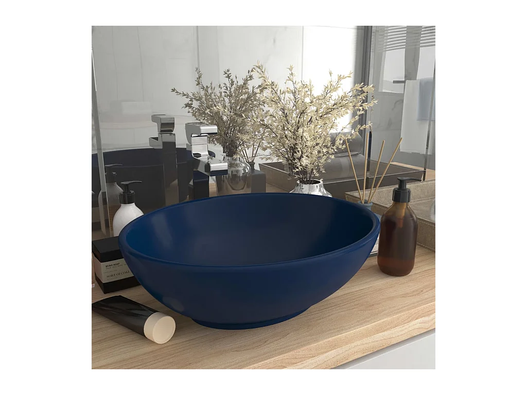 Lavabo-Vasque à poser-Bac à laver ovale de luxe Bleu foncé mat 40x33 cm Céramique