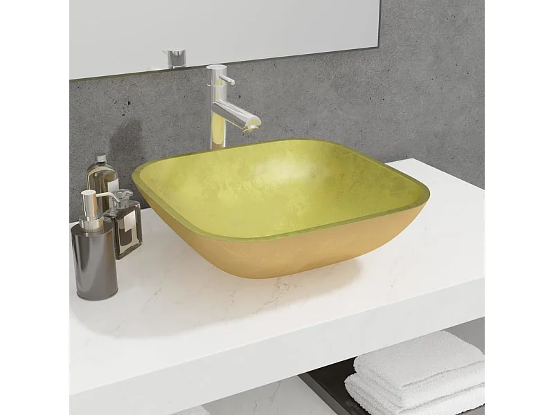 Lavabo Verre-Vasque à poser-Lavabo salle de bain 42x42x14 cm Doré