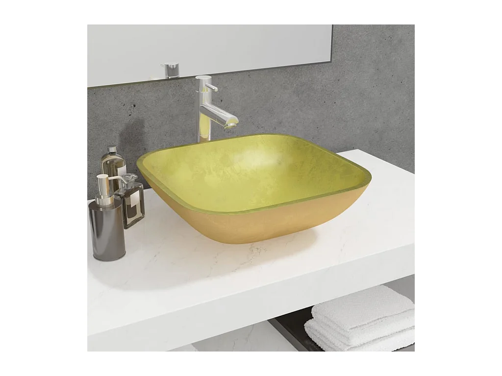 Lavabo Verre-Vasque à poser-Lavabo salle de bain 42x42x14 cm Doré