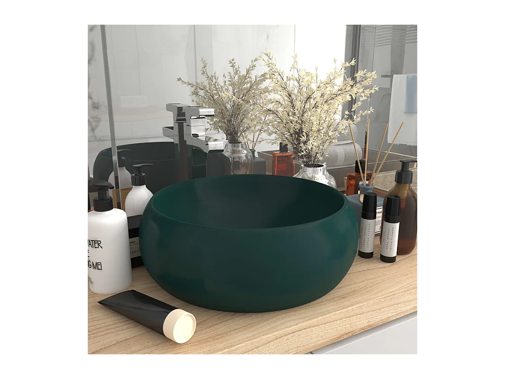 Lavabo rond-Vasque à poser-Bac à laver de luxe Vert foncé mat 40x15 cm Céramique