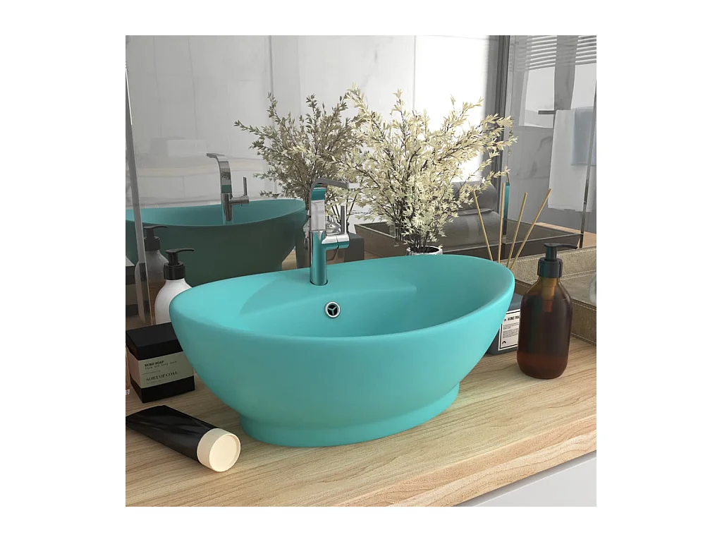 Lavabo | Vasque à poser | Bac à laver ovale à trop-plein Vert clair mat 58,5x39 cm Céramique