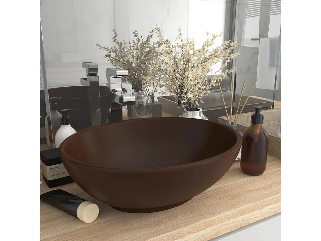 Lavabo-Vasque à poser-Bac à laver ovale de luxe Marron foncé mat 40x33 cm Céramique