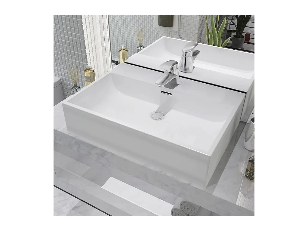 Lavabo salle de bain-Vasque avec trou de robinet en céramique Blanc 60,5x42,5x14,5cm