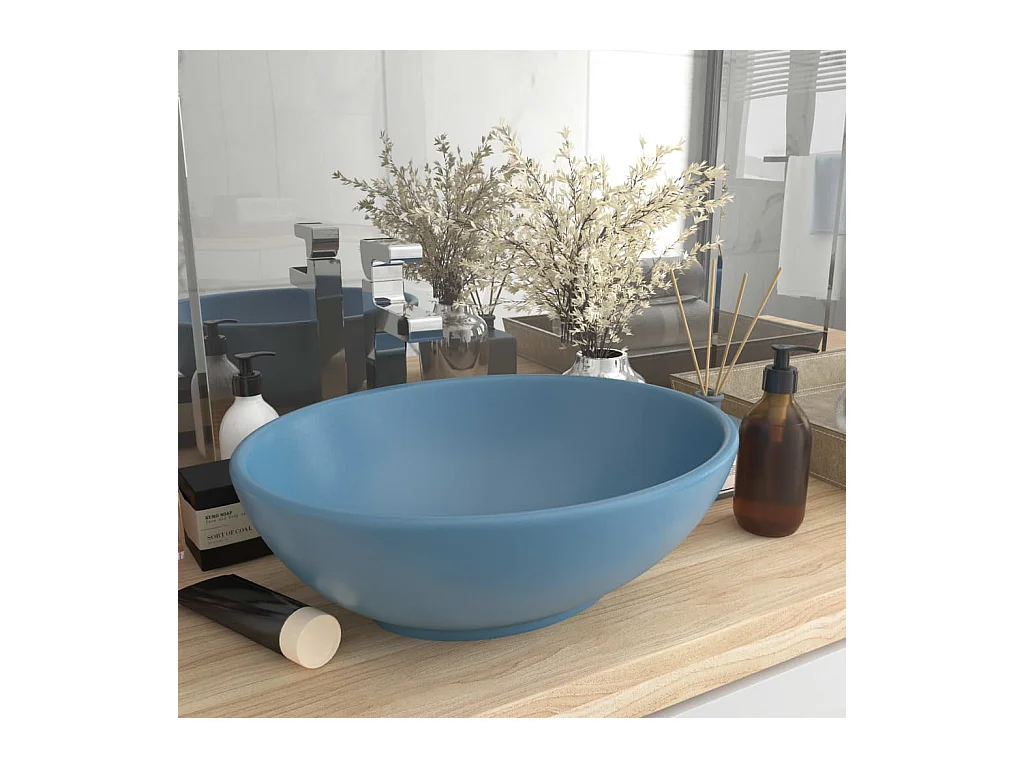 Lavabo-Vasque à poser-Bac à laver ovale de luxe Bleu clair mat 40x33 cm Céramique