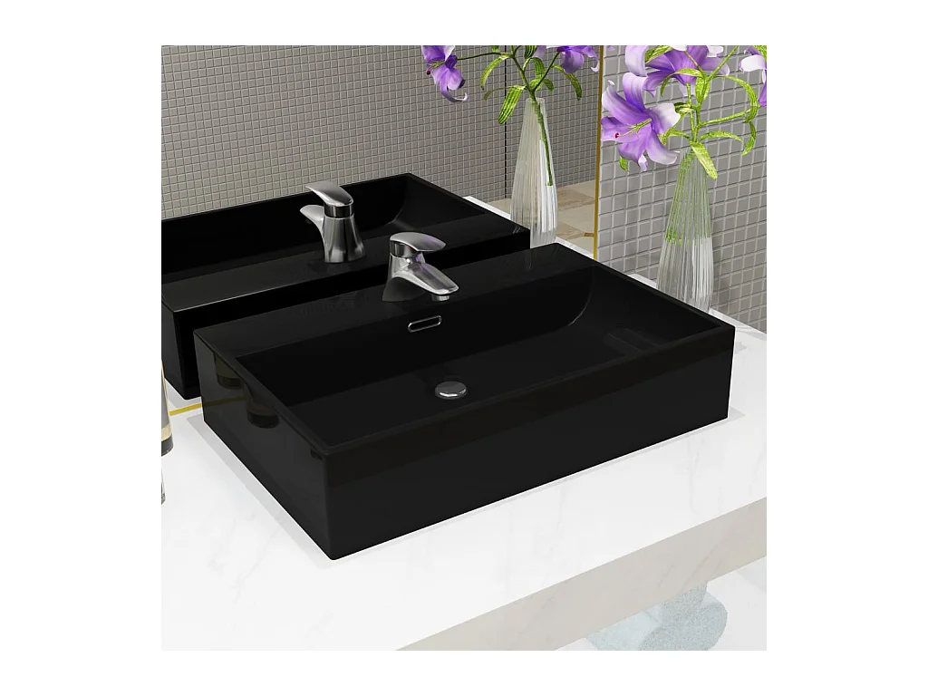 Lavabo salle de bain-Vasque avec trou de robinet en céramique Noir 60,5x42,5x14,5 cm