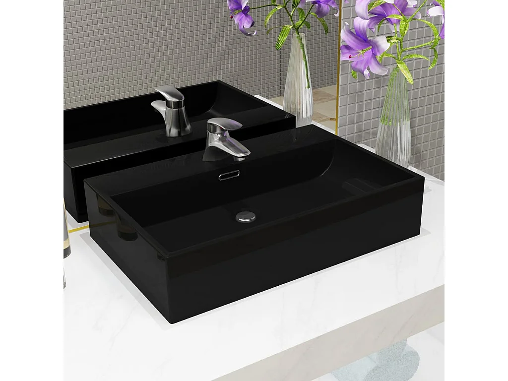 Lavabo salle de bain-Vasque avec trou de robinet en céramique Noir 60,5x42,5x14,5 cm