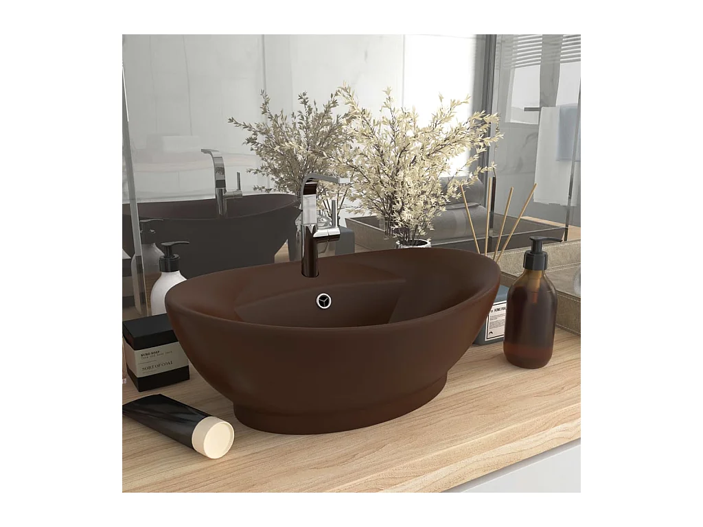 Lavabo | Vasque à poser | Bac à laver ovale à trop-plein Marron foncé mat 58,5x39 cm Céramique