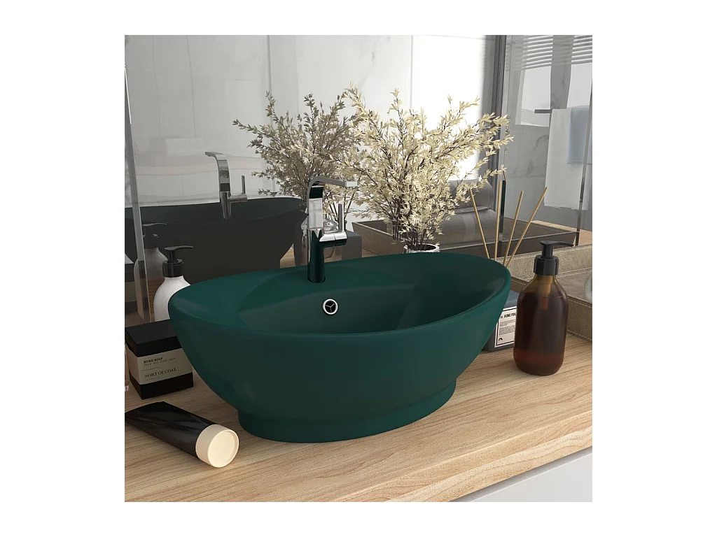 Lavabo | Vasque à poser | Bac à laver ovale à trop-plein Vert foncé mat 58,5x39 cm Céramique