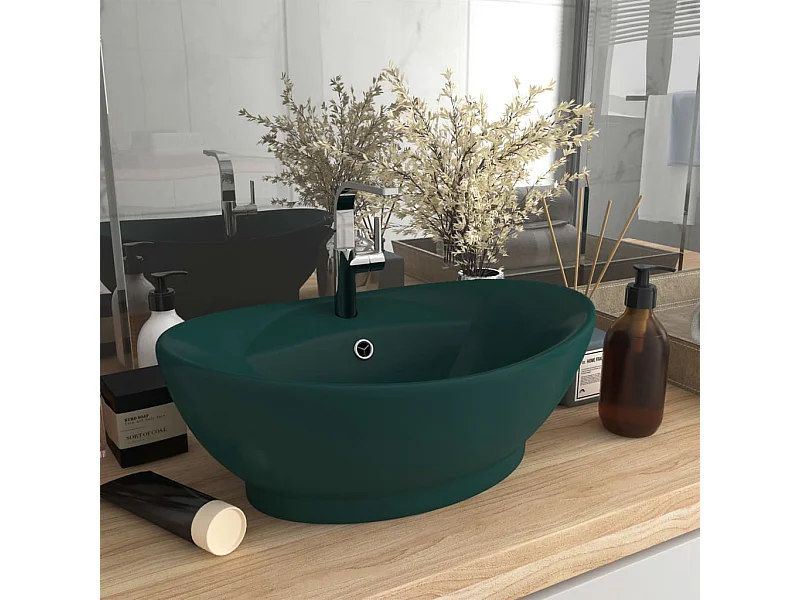 Lavabo | Vasque à poser | Bac à laver ovale à trop-plein Vert foncé mat 58,5x39 cm Céramique