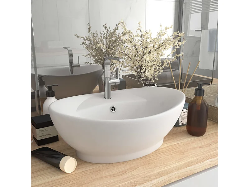 Lavabo | Vasque à poser | Bac à laver ovale de luxe à trop-plein Blanc mat 58,5x39cm Céramique