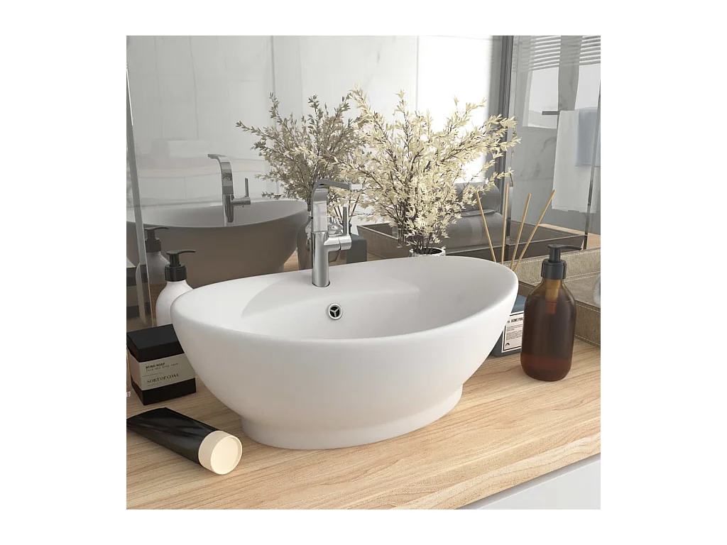 Lavabo | Vasque à poser | Bac à laver ovale de luxe à trop-plein Blanc mat 58,5x39cm Céramique