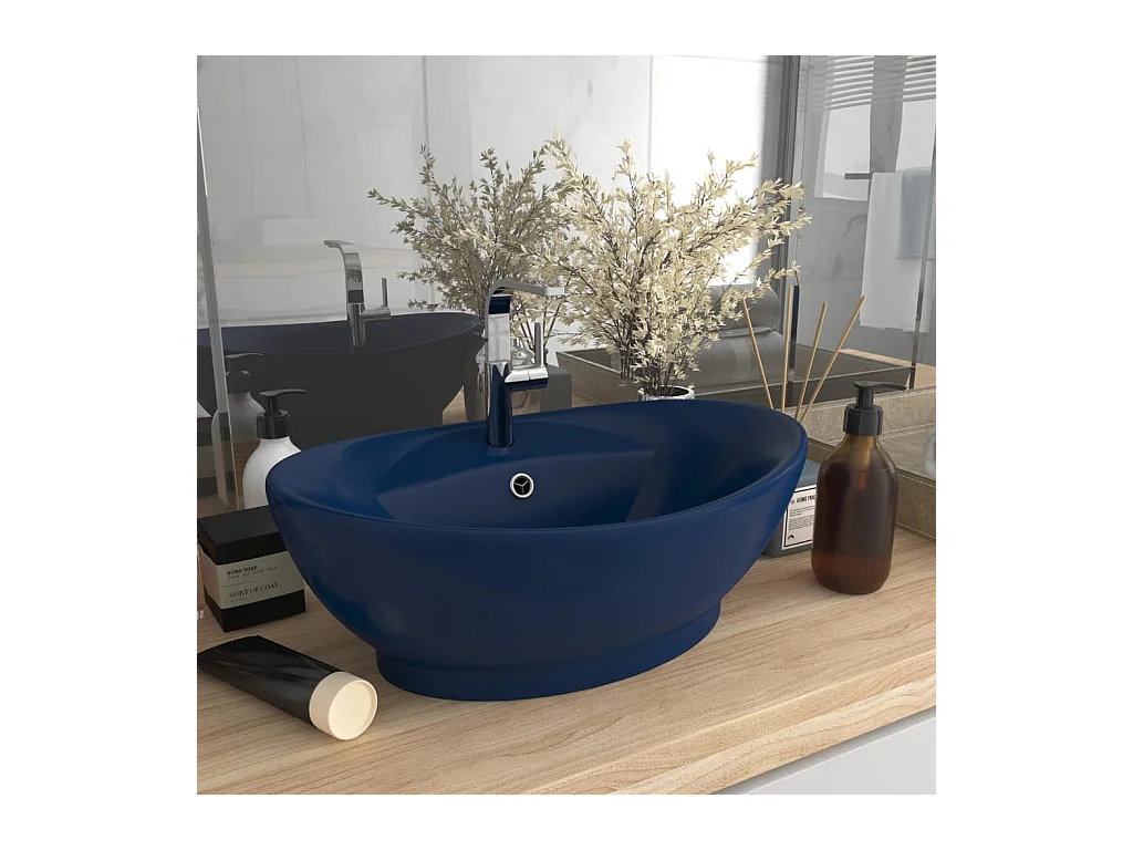 Lavabo | Vasque à poser | Bac à laver ovale à trop-plein Bleu foncé mat 58,5x39 cm Céramique