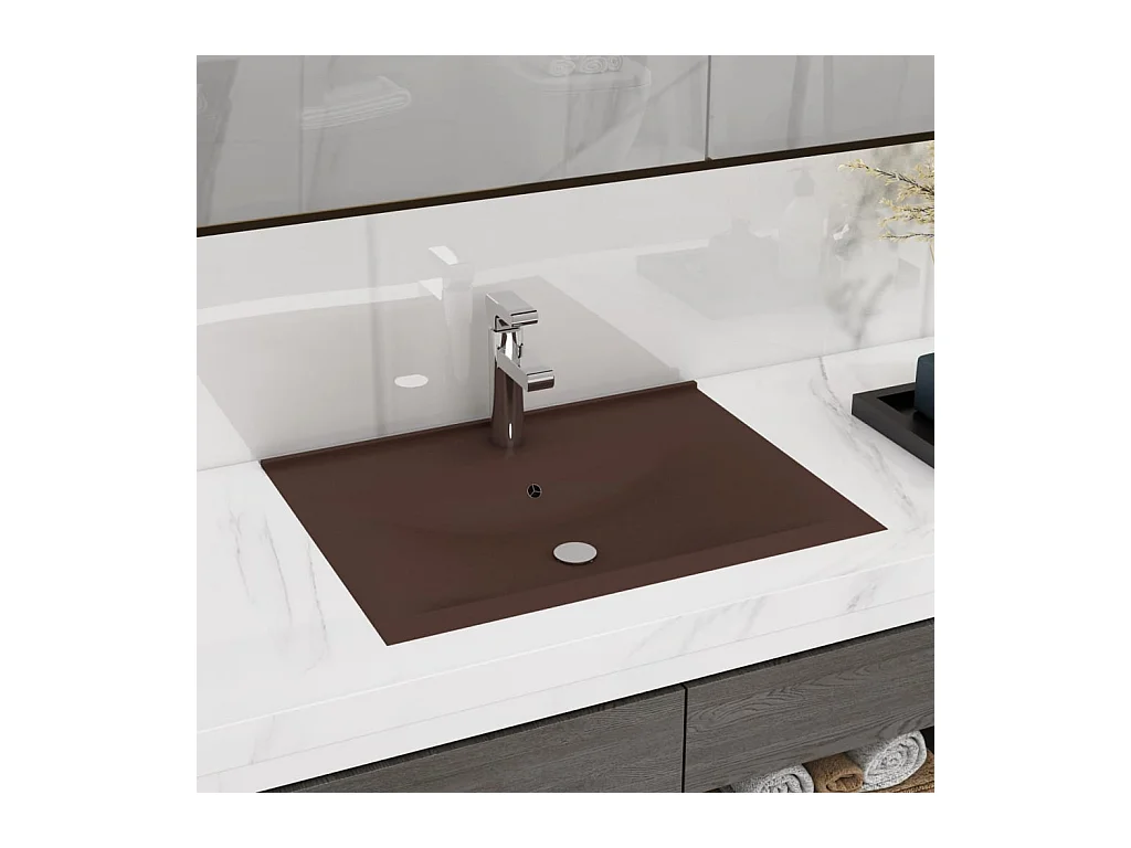 Vasque à poser-Lavabo avec trou de robinet Marron foncé mat 60x46 cm Céramique