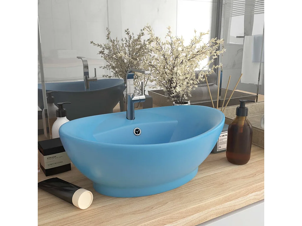 Lavabo | Vasque à poser | Bac à laver ovale à trop-plein Bleu clair mat 58,5x39 cm Céramique