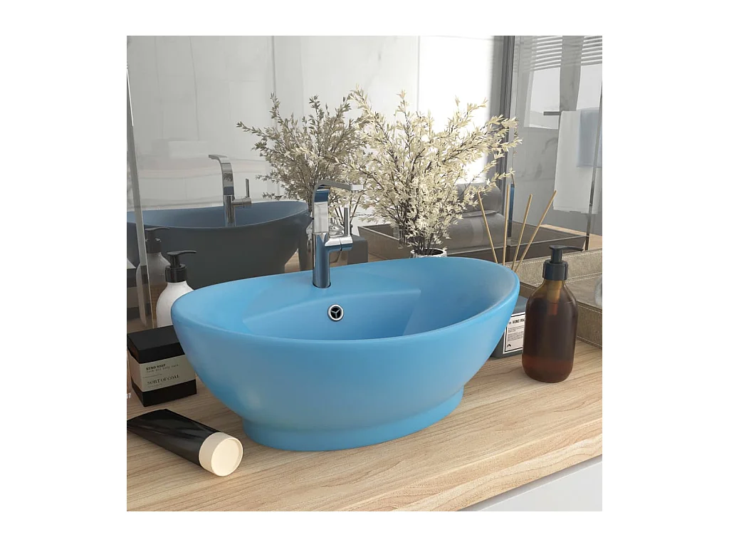 Lavabo | Vasque à poser | Bac à laver ovale à trop-plein Bleu clair mat 58,5x39 cm Céramique