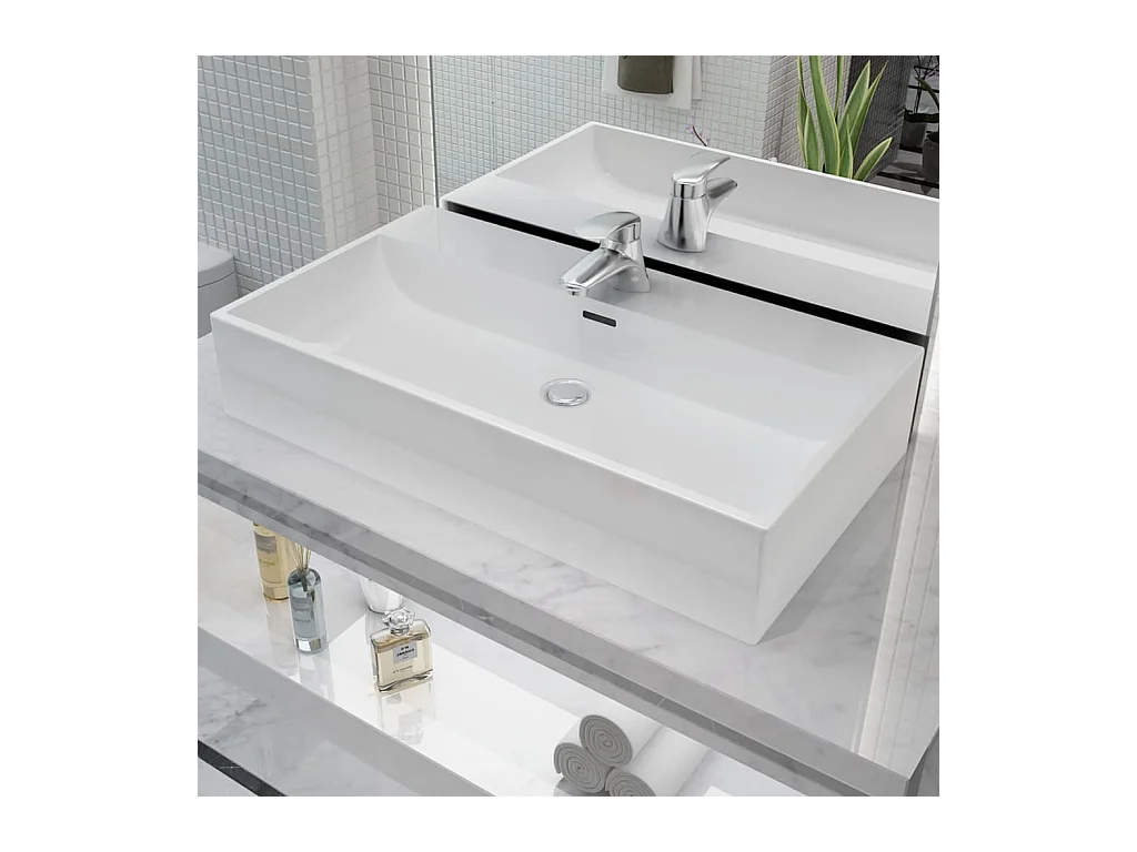 Lavabo salle de bain-Vasque avec trou de robinet en céramique Blanc 76x42,5x14,5 cm