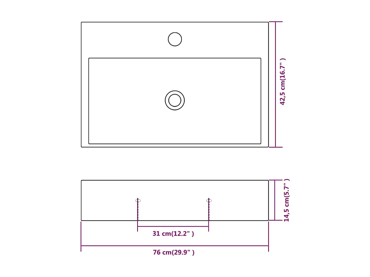 Lavabo salle de bain-Vasque avec trou de robinet en céramique Blanc 76x42,5x14,5 cm