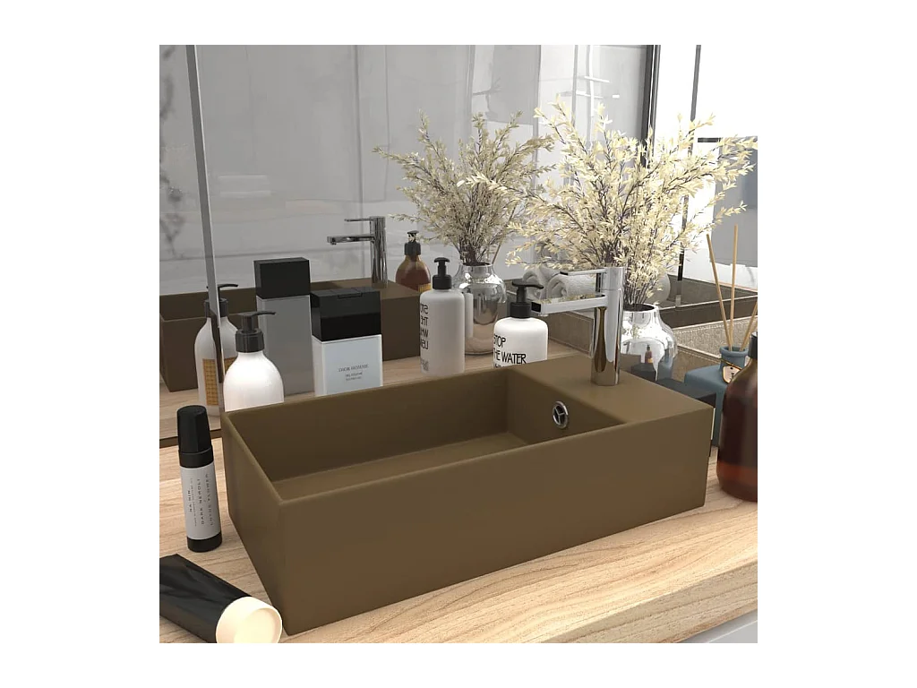 Lavabo salle de bain-Vasque à poser avec trop-plein Céramique Crème mat