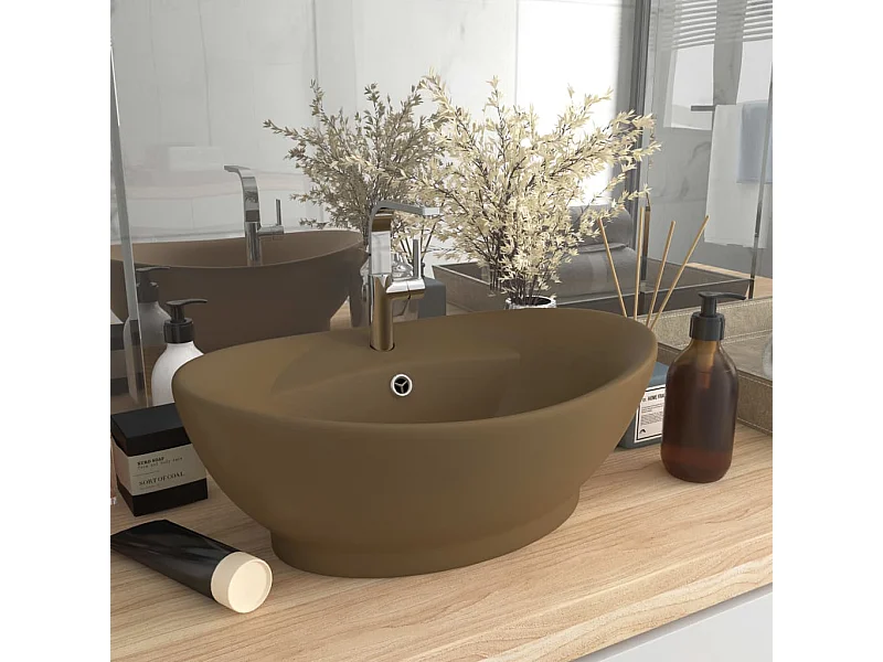 Lavabo | Vasque à poser | Bac à laver ovale de luxe à trop-plein Crème mat 58,5x39cm Céramique