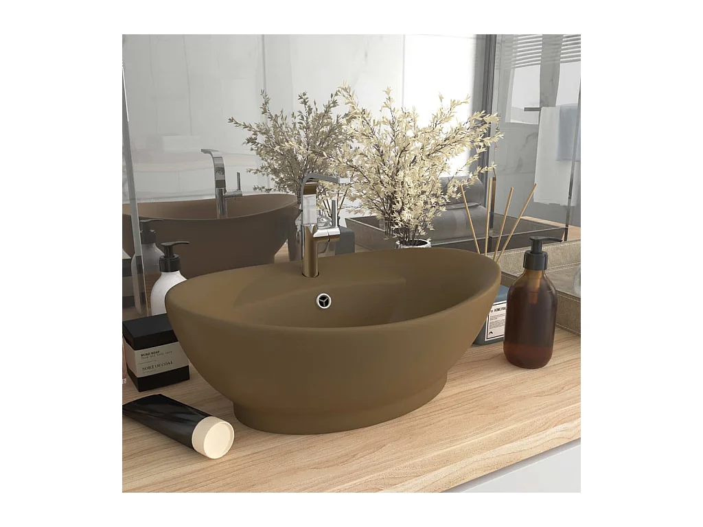 Lavabo | Vasque à poser | Bac à laver ovale de luxe à trop-plein Crème mat 58,5x39cm Céramique