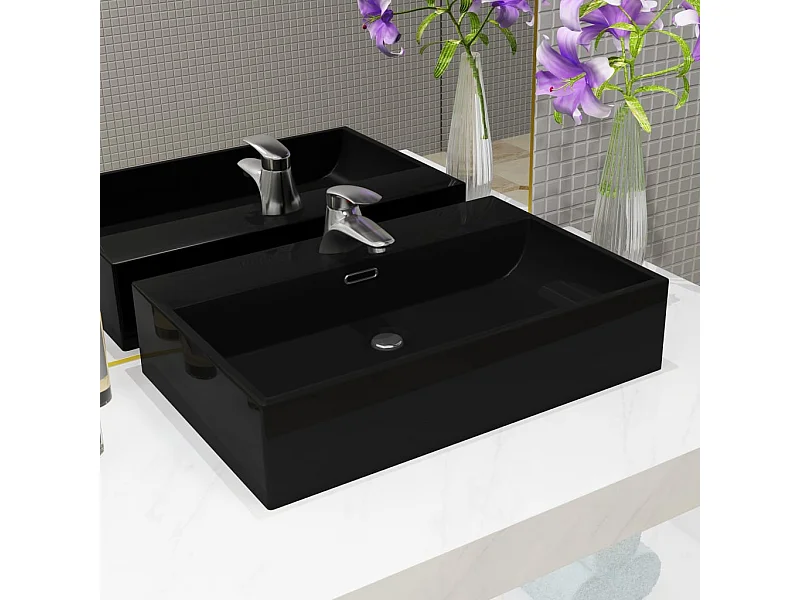 Lavabo salle de bain-Vasque avec trou de robinet en céramique Noir 76x42,5x14,5 cm