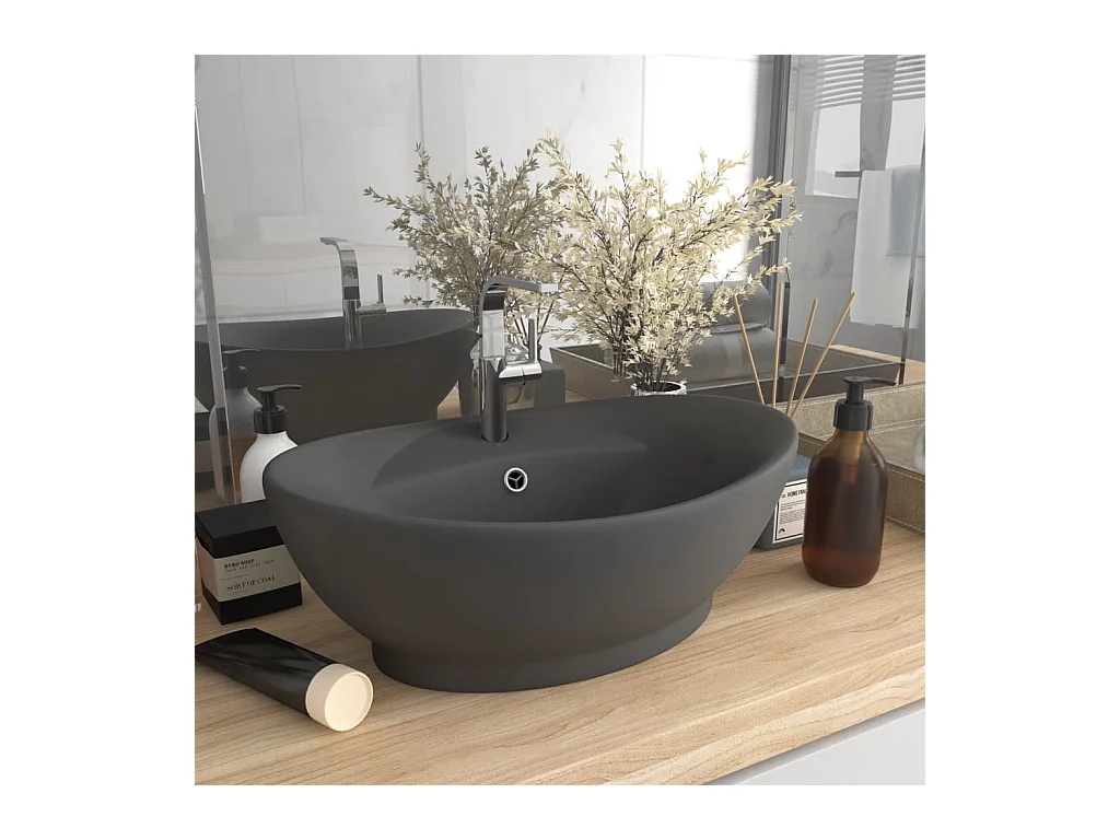 Lavabo | Vasque à poser | Bac à laver ovale à trop-plein Gris foncé mat 58,5x39 cm Céramique