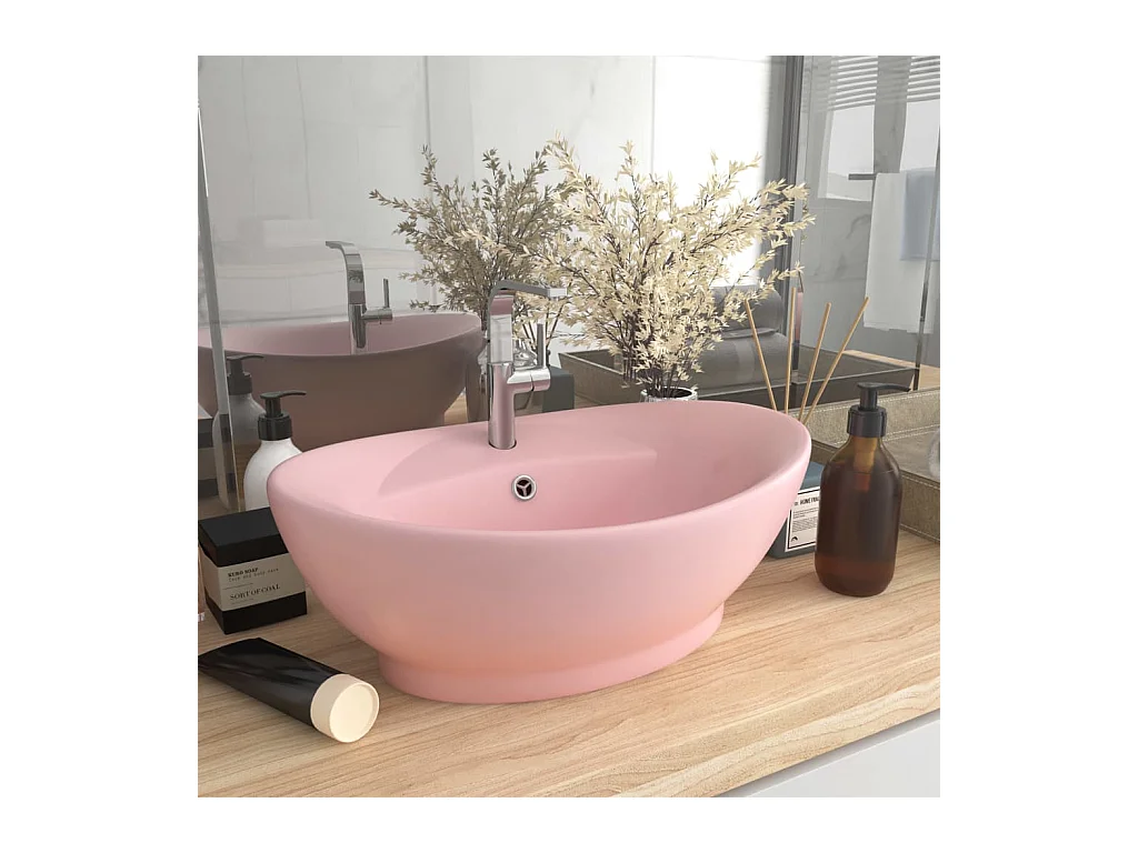 Lavabo | Vasque à poser | Bac à laver ovale de luxe à trop-plein Rose mat 58,5x39 cm Céramique