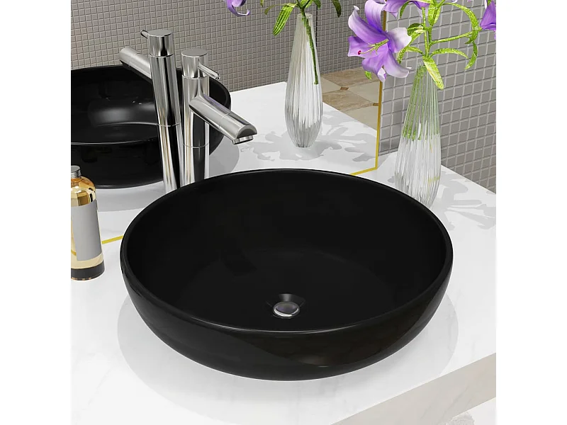 Lavabo rond-Vasque à poser-Bac à laver céramique noir 42x12 cm