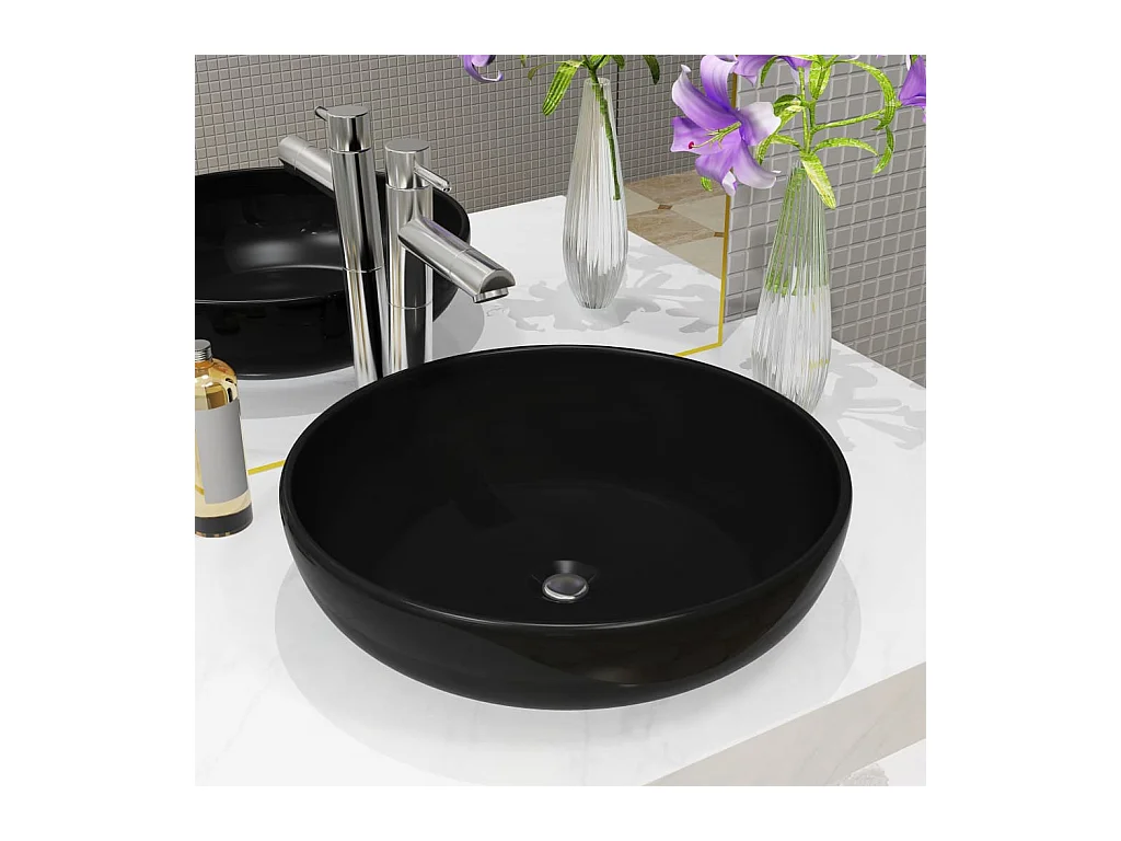 Lavabo rond-Vasque à poser-Bac à laver céramique noir 42x12 cm