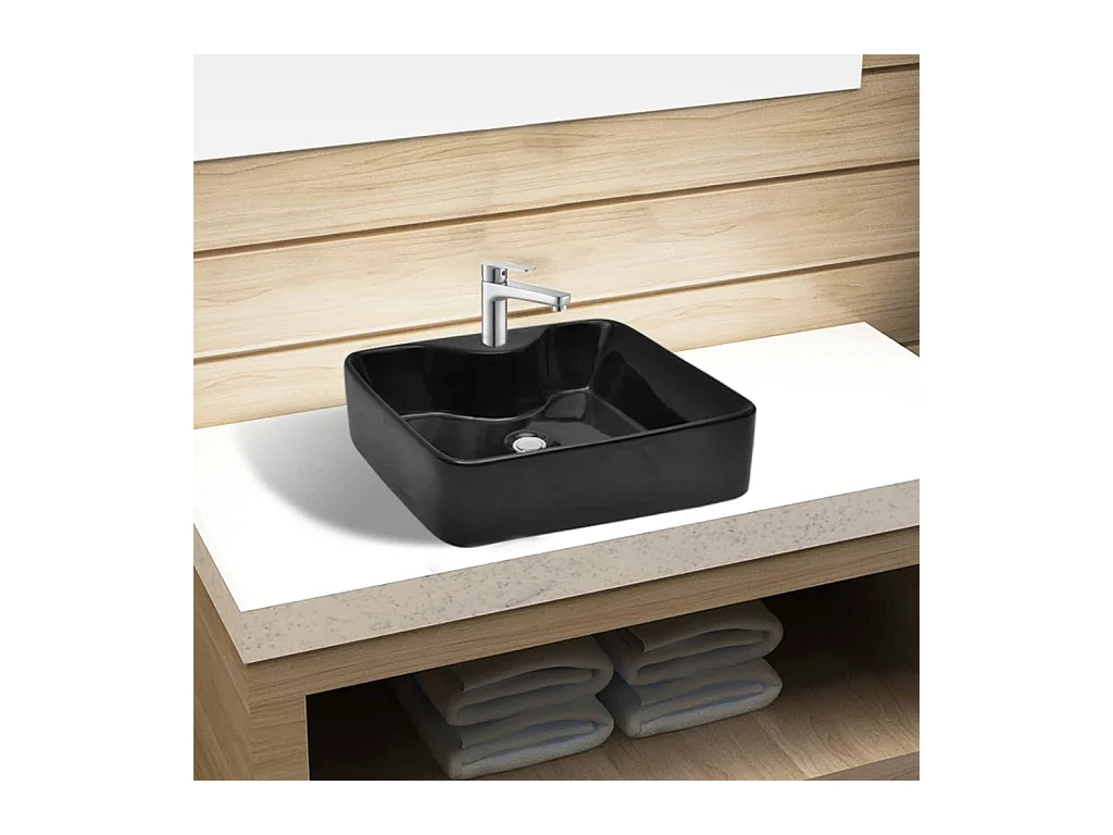Lavabo salle de bain-Vasque carrée à trou pour robinet céramique Noir pour salle de bain