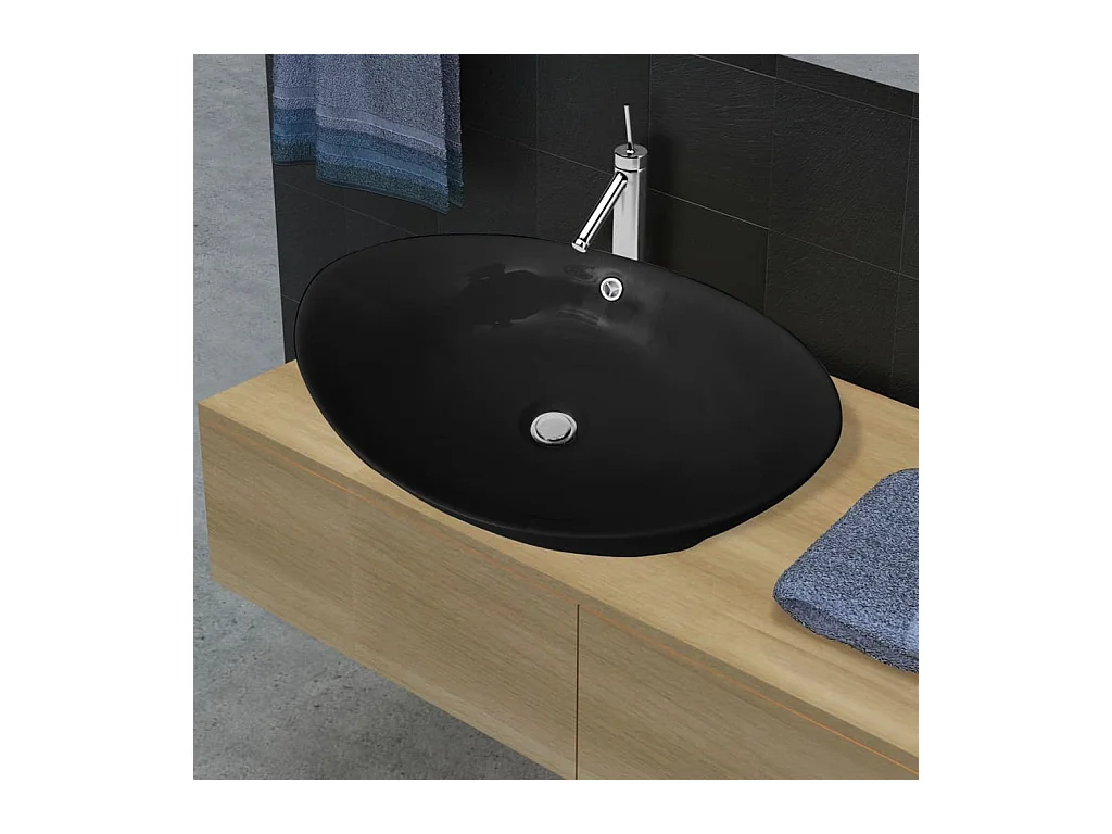 Lavabo-Vasque à poser-Bac à laver ovale en céramique noir avec trop plein 59 x 38,5 cm