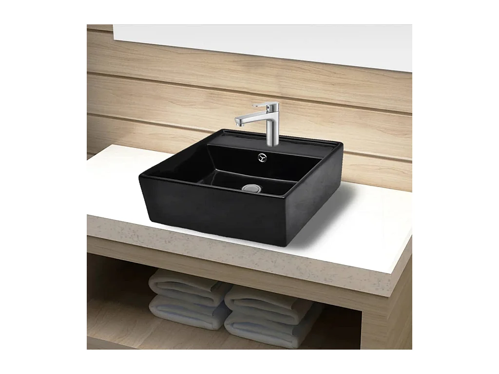 Robinet de lavabo salle de bain céramique/trou trop-plein carré noir