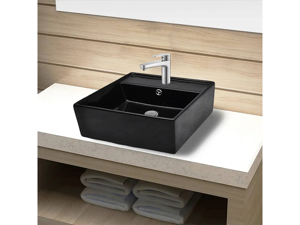 Robinet de lavabo salle de bain céramique/trou trop-plein carré noir