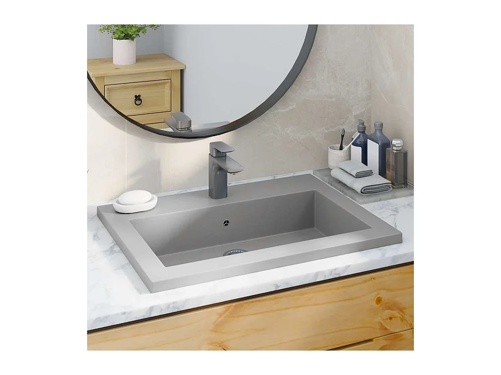 Lavabo salle de bain-Vasque à poser en granit 600 x 450 x 120 mm Gris
