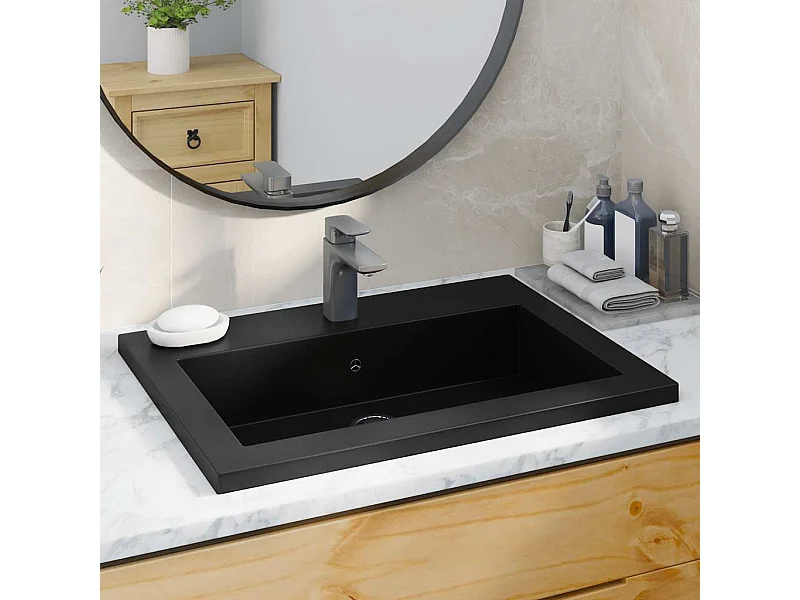 Lavabo salle de bain-Vasque à poser en granit 600 x 450 x 120 mm Noir