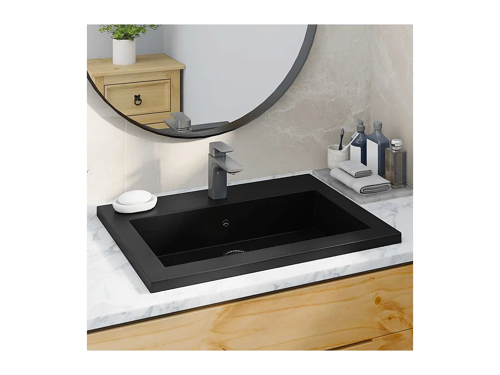 Lavabo salle de bain-Vasque à poser en granit 600 x 450 x 120 mm Noir