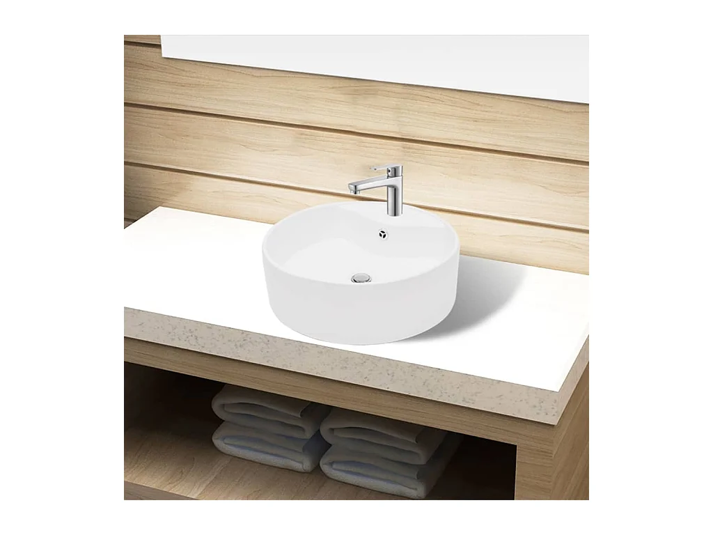 Vasque à poser Lavabo | Bac à laver à trou de trop-plein/robinet céramique Blanc Rond