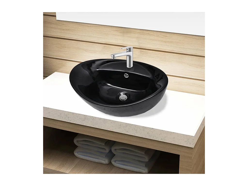 Lavabo salle de bain-Vasque ovale à trou trop-plein/robinet céramique pour salle de bain