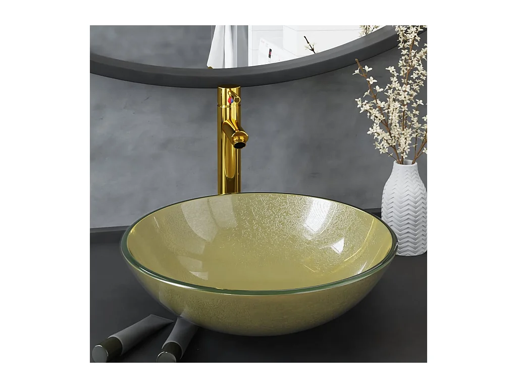 Lavabo salle de bain-Vasque à poser avec robinet et drain à poussoir Verre trempé