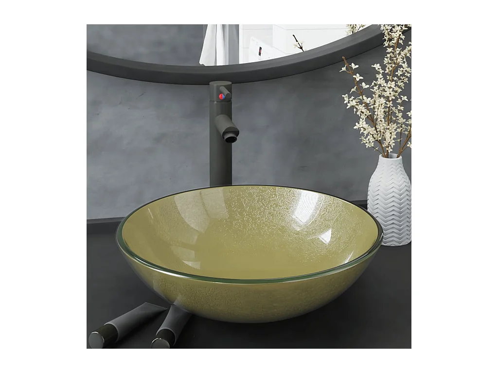 Lavabo salle de bain-Vasque à poser avec robinet et drain à poussoir Verre trempé