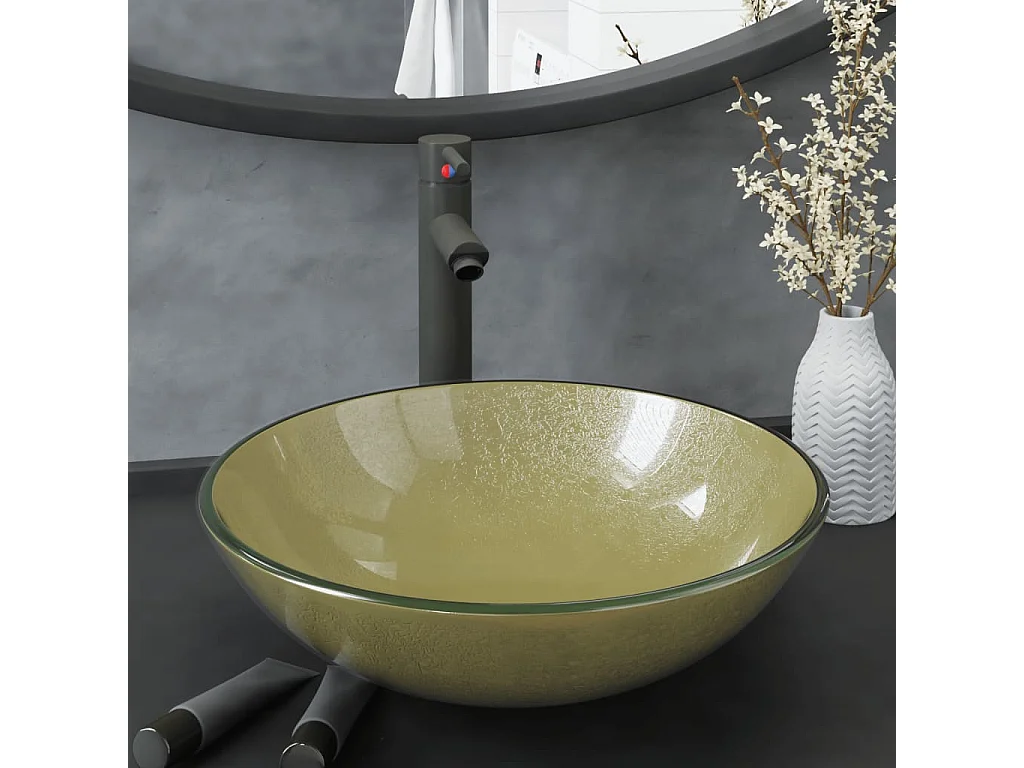 Lavabo salle de bain-Vasque à poser avec robinet et drain à poussoir Verre trempé