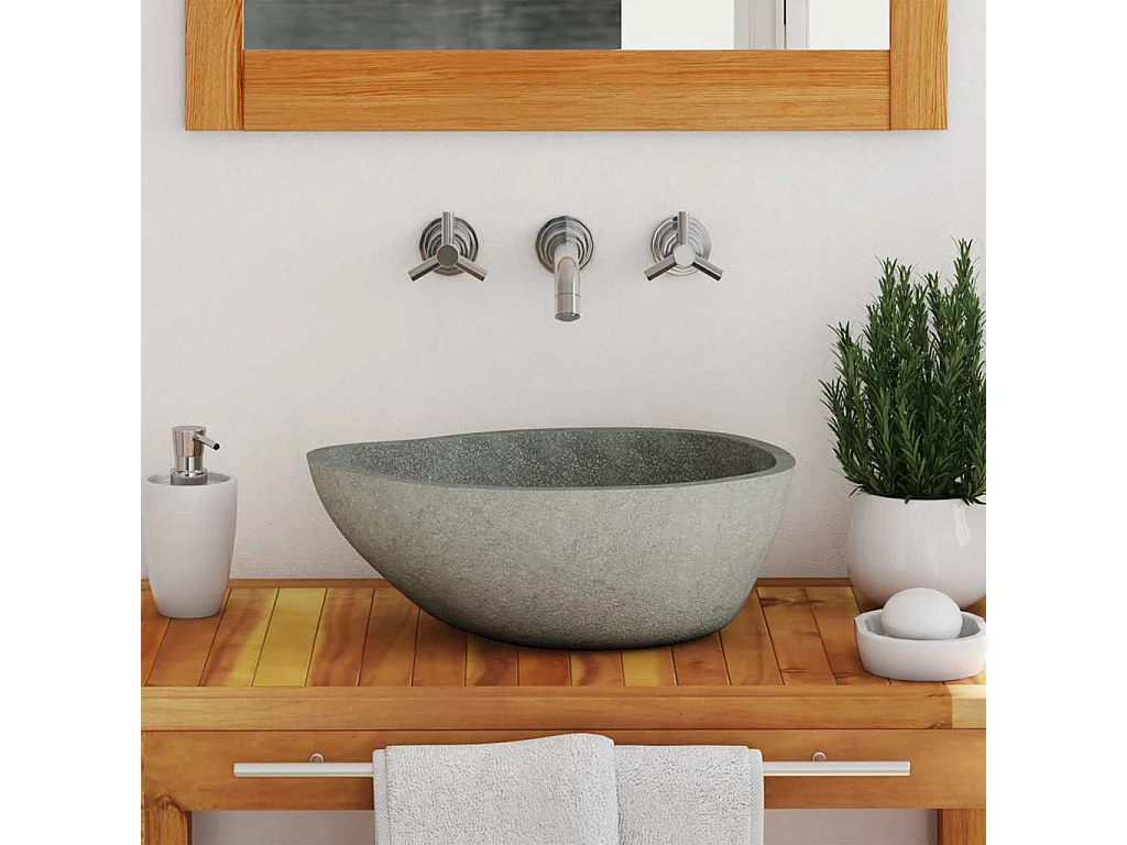 Lavabo salle de bain-Vasque à poser en pierre de rivière Ovale (37-46)x(29-36) cm