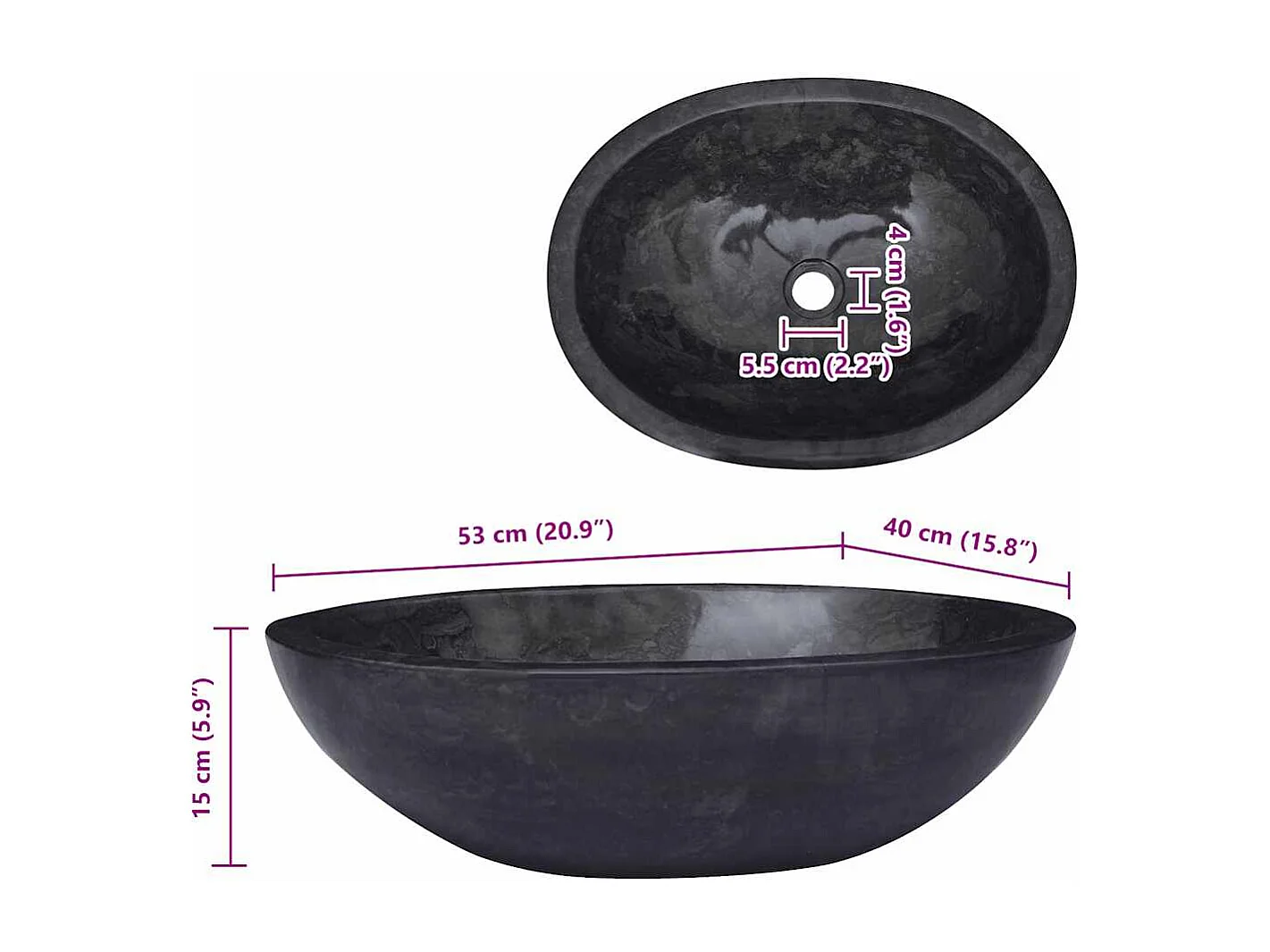 Lavabo salle de bain-Vasque à poser Noir 53x40x15 cm Marbre