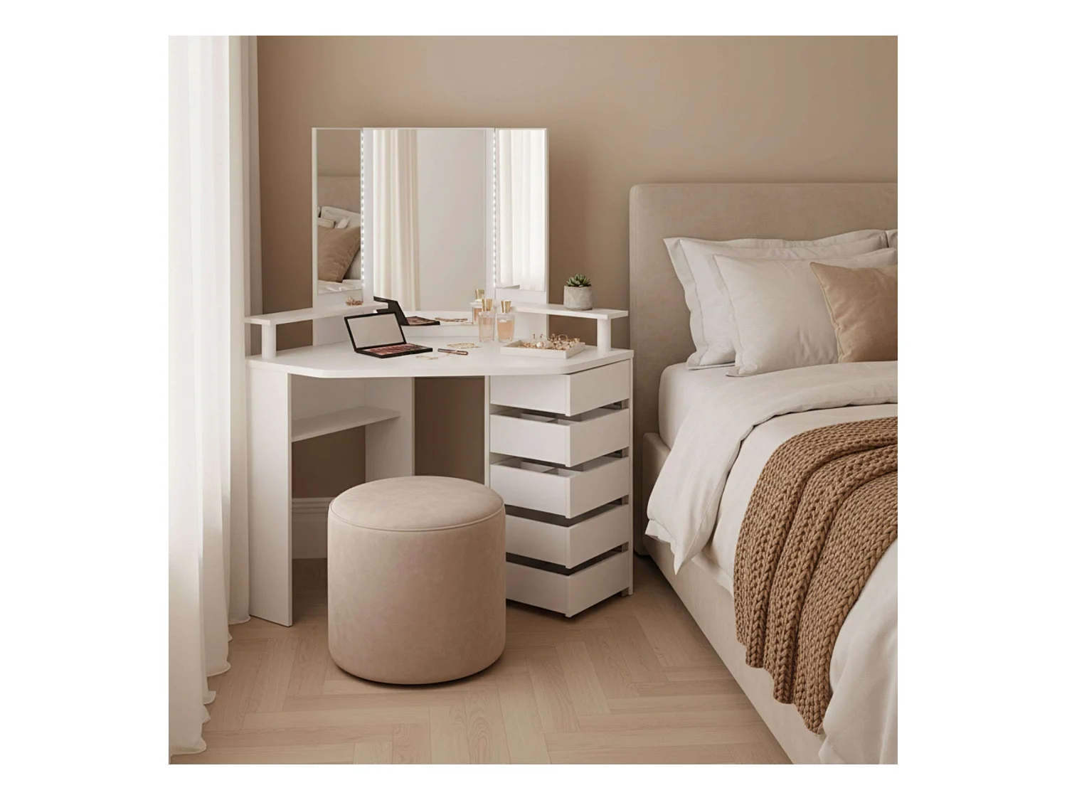 Tocador California Contemporáneo Blanco con Espejo Led y 5 cajones 142x61x114 cm