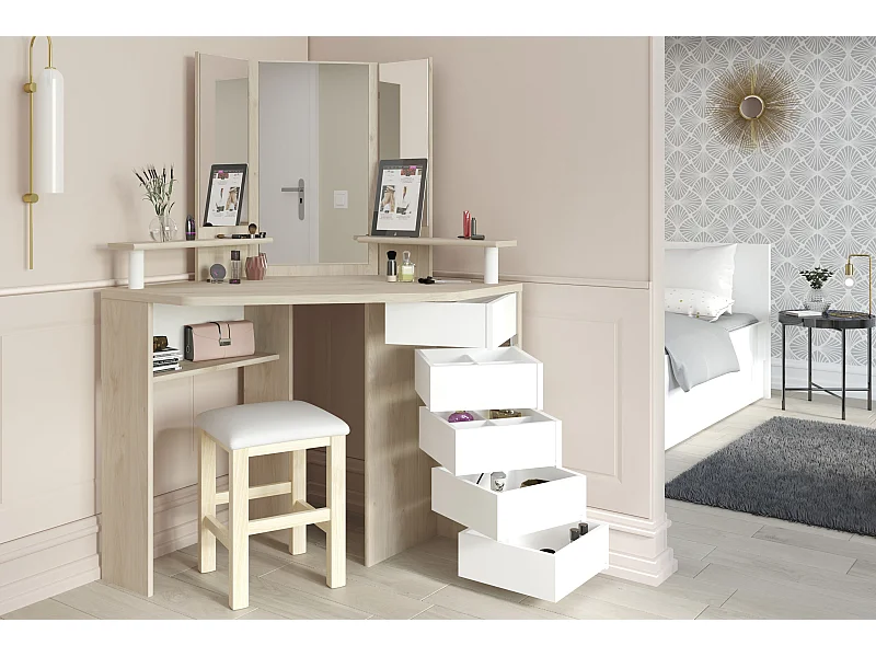 Tocador California Nórdico Blanco y Roble con Espejo, Led, 5 cajones