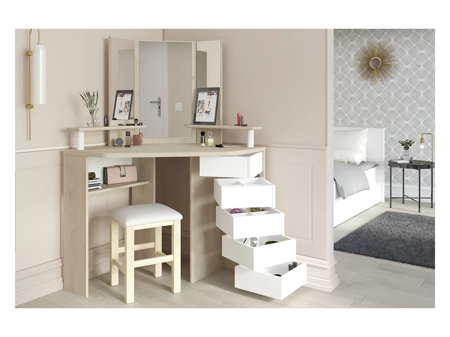 Tocador California Nórdico Blanco y Roble con Espejo, Led, 5 cajones