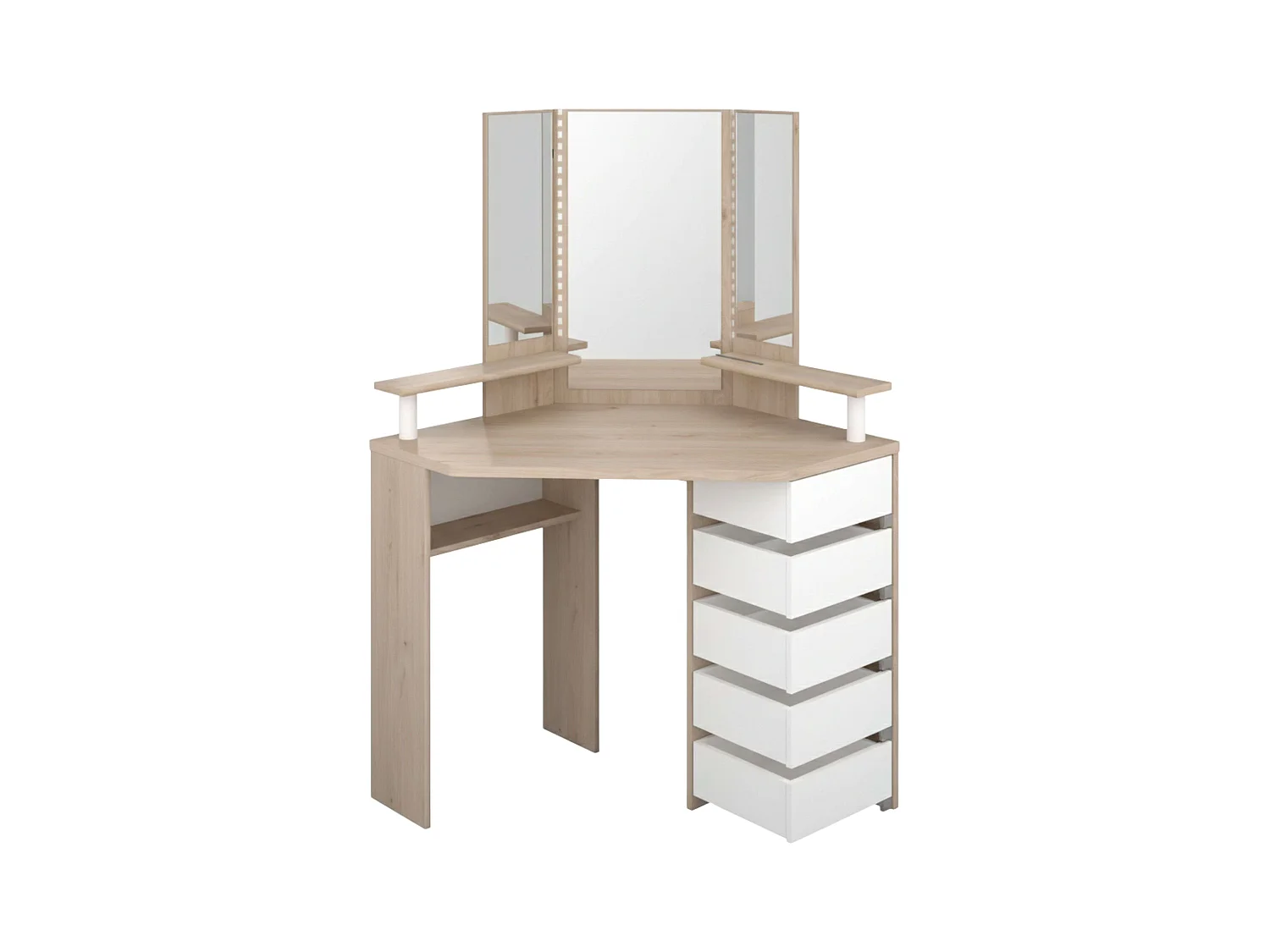 Tocador California Nórdico Blanco y Roble con Espejo, Led, 5 cajones