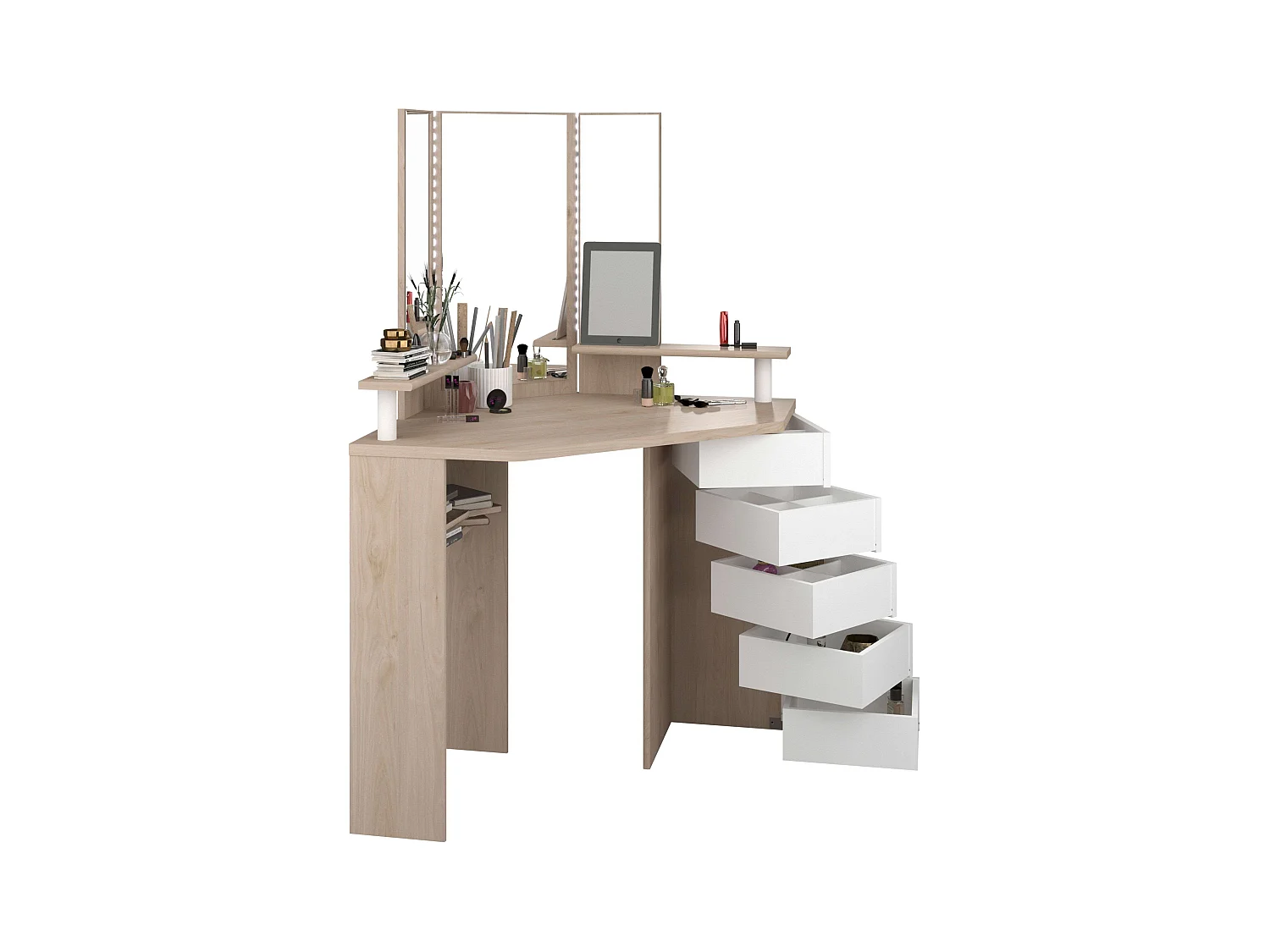 Tocador California Nórdico Blanco y Roble con Espejo, Led, 5 cajones