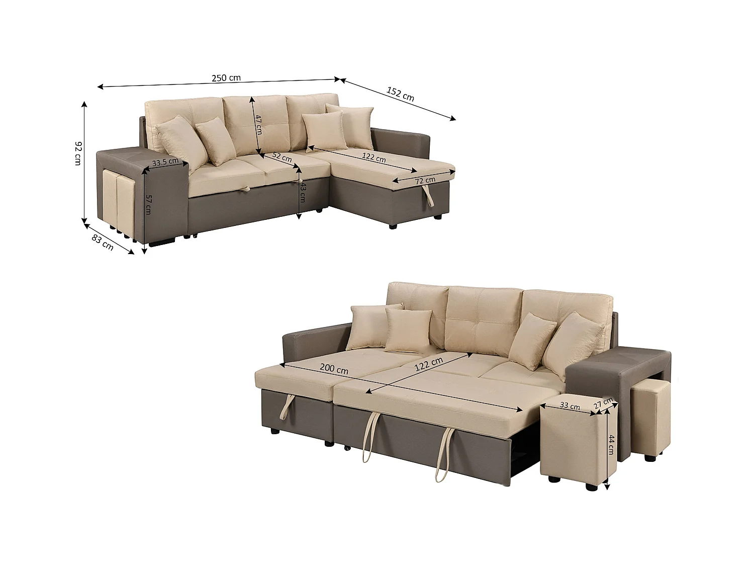 Sofa Cama Chaise Longue Claire 250cm Beige, Chaise Izquierdo