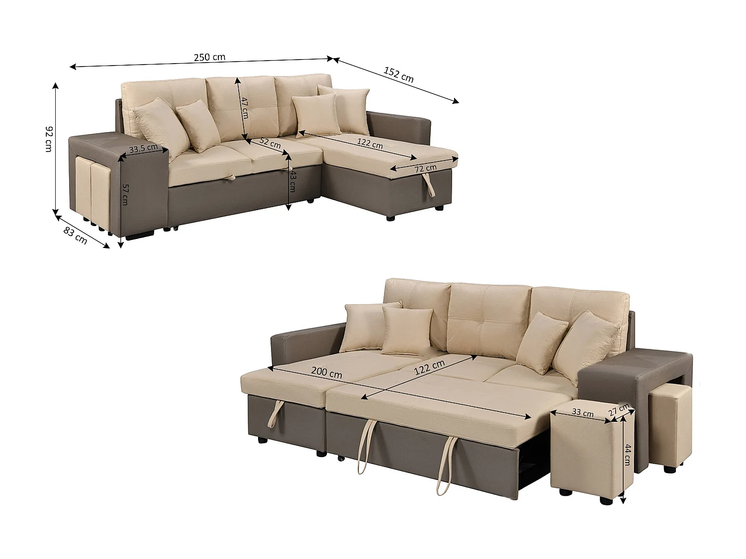 Sofá-Cama Chaise Longue Claire 250cm Bege, Chaise Esquerda